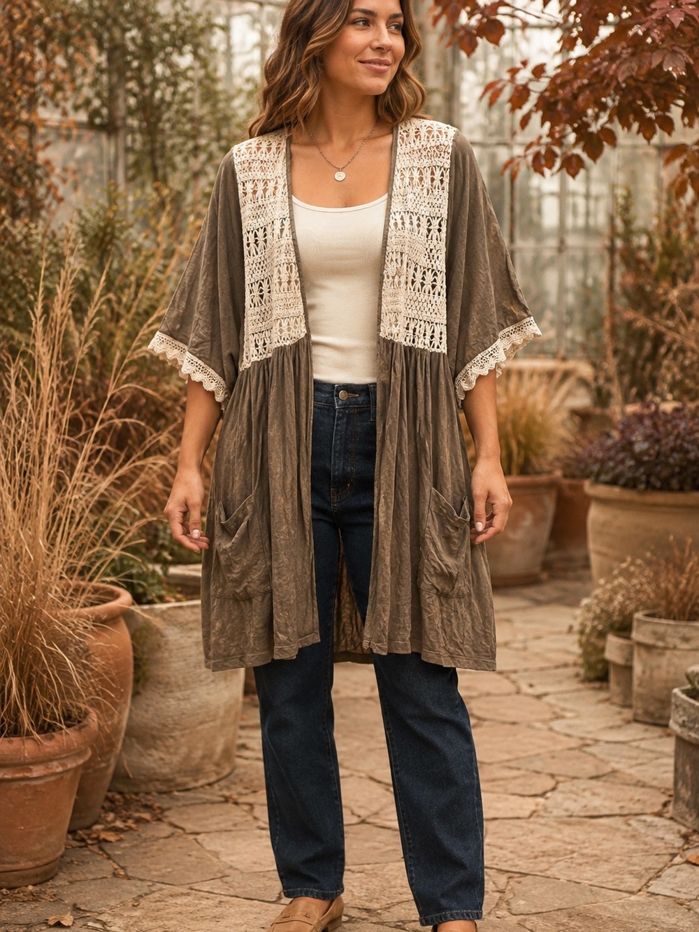 POL Taupe Open-Front Kimono with Cream Crochet Trim